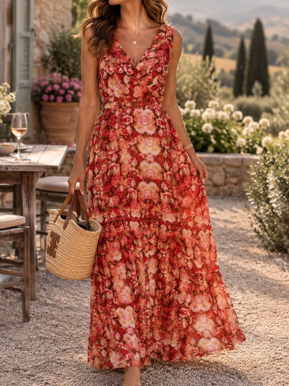 Gibson Latimer Red Floral V-Neck Sleeveless Maxi Dress